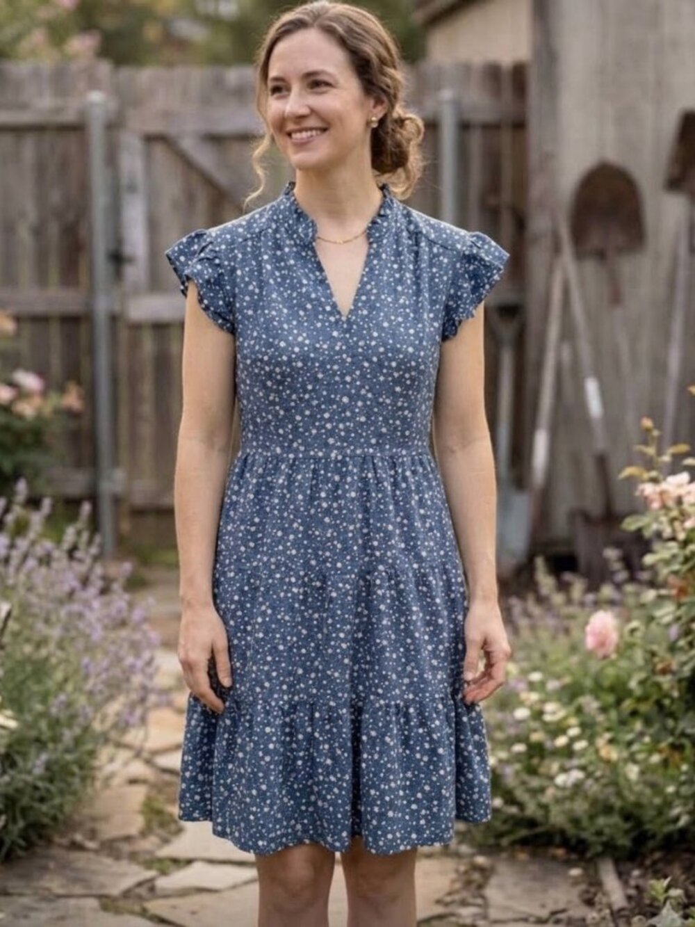 NEW Monteau Blue Floral Flutter Sleeve Tiered Midi Dress SMALL Cottagecore